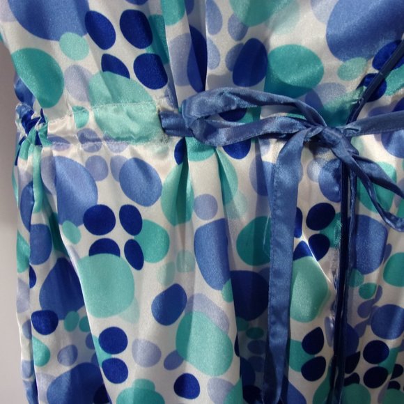 Kathryn Blue & Aqua Dots on White Sexy Short Satin Robe NWOT - Picture 6 of 8